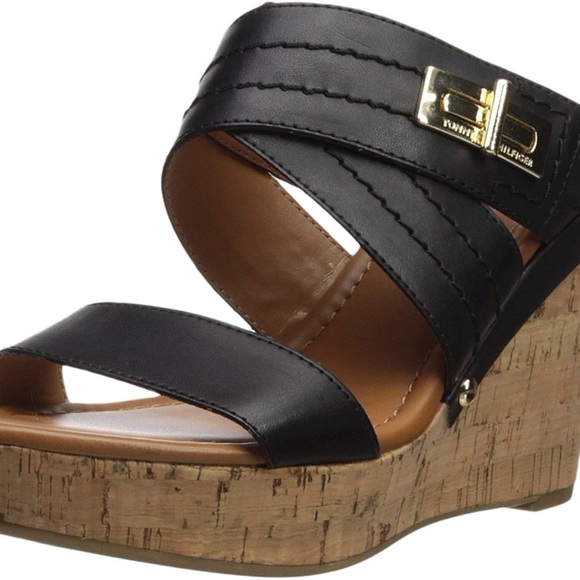 Tommy Hilfiger| Black FauxLeather ‘Mili’ Cork Wedge Sandal Shoe 4” Heel Sz 8.5 - Picture 9 of 9